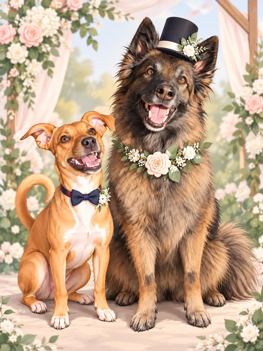 Caricatura de Niebla y Gastón vestidos de boda